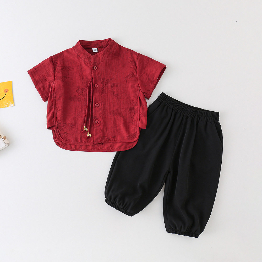 男童汉服夏装周岁礼服男宝宝新中式中国风套装中小童红色两件唐装