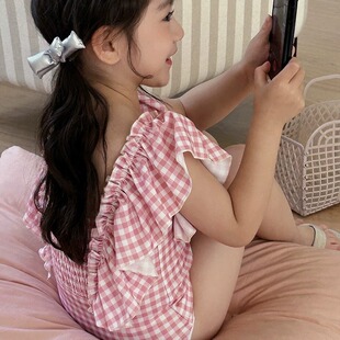 KS女童女宝宝粉嫩格子花边连体泳衣女孩度假儿童泳装 2026夏季 新款