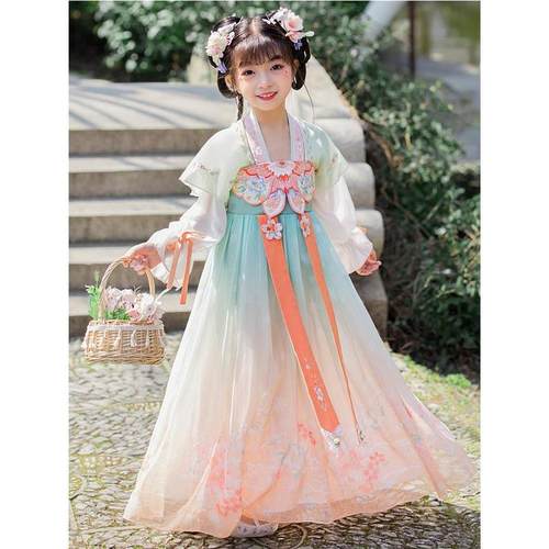 儿童汉服女童春装薄款古装中国风超仙连衣裙大童短袖女孩古风仙气