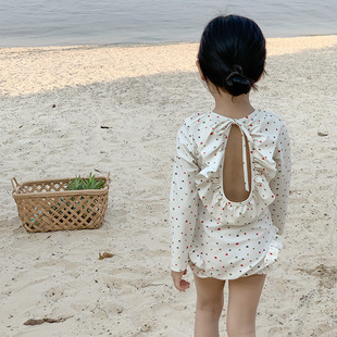 儿童泳衣女孩公主露背防晒长袖 韩 连体泳衣女童度假洋气甜美游泳装