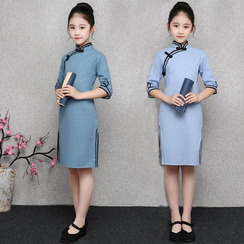 儿童唐装中国风女童改良旗袍古筝演出服宝宝棉麻民国风学生装薄款