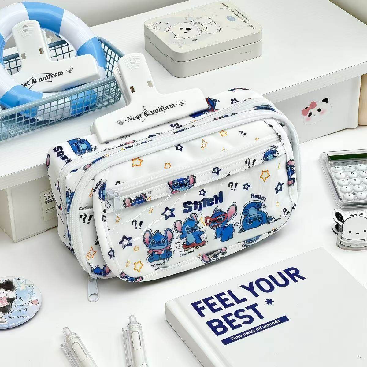 蓝色小怪物翻盖痛包可爱高颜值少女心史迪奇笔袋学生文具收纳袋