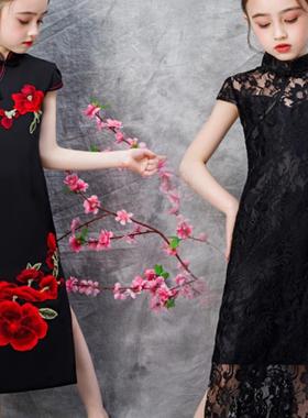 儿童旗袍新中式黑色国风女童青花夏季中国风走秀古典旗袍演出表演