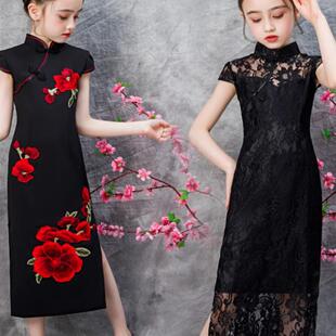 儿童旗袍新中式黑色国风女童青花夏季中国风走秀古典旗袍演出表演