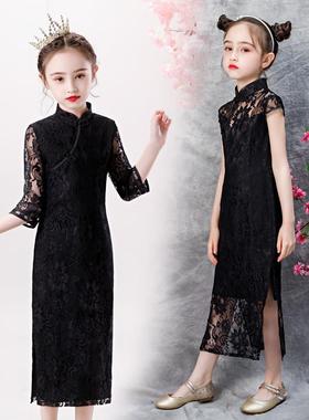 女童旗袍2025新款秋季长袖儿童中国风黑色高级感修身薄款演出服