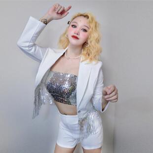 网红女主播歌手闪亮流苏上衣明星同款女团演出服白色西服短裤套装