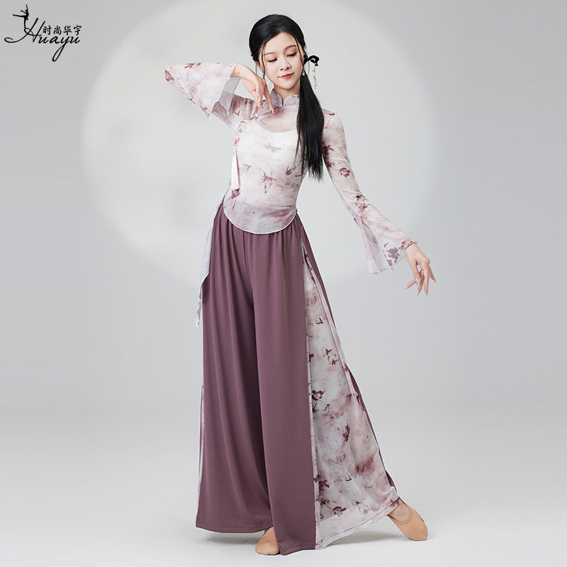 古典舞服装中国舞女飘逸印花纱衣宽松阔腿舞蹈裤现代舞演出服套装