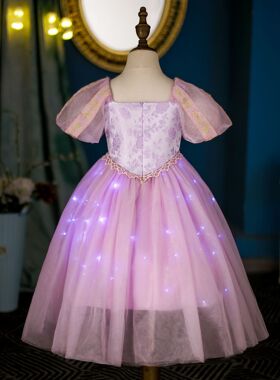2025长发公主裙Rapunzel女童连衣裙短袖夏季发光网纱裙六一礼服