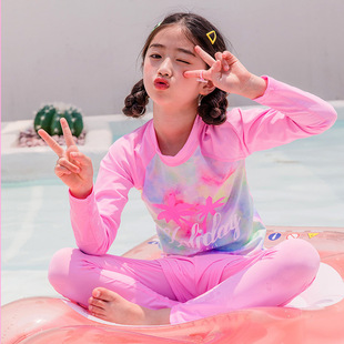 泳装 新款 防嗮瑜伽大码 长裤 儿童泳衣分体假两件套女孩女童泳衣长袖