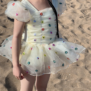 ins风游泳衣公主纱裙儿童 女童小清新花朵泳衣泳装 2025夏季 新款