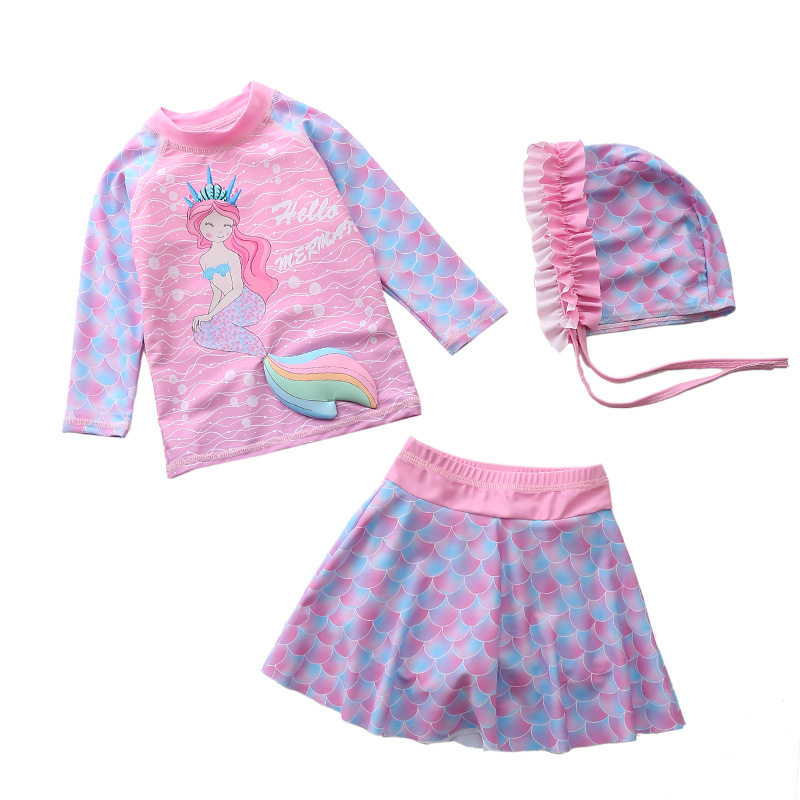 儿童泳衣女分体美人鱼长袖泳装大中小童立体鱼尾平角裤女童游泳衣