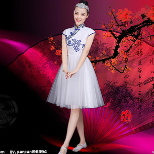 新款笛子古典舞演出服青花瓷合唱服现代舞民乐古筝二胡演奏表演服