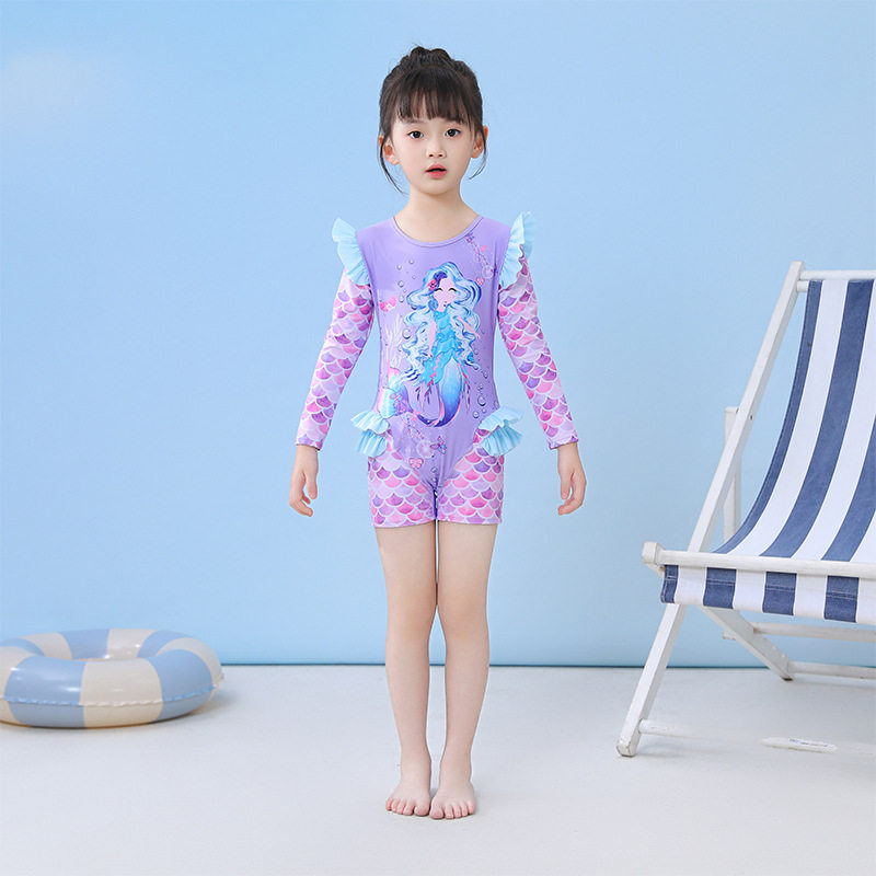 儿童泳衣女童连体长袖平角泳装小中大童2024新款荷叶边防嗮游泳衣