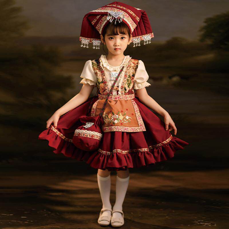 广西壮族服装女童三月三少数民族儿童服饰洛丽塔改良蓬蓬裙演出服
