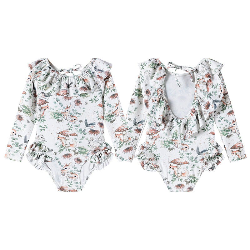 女童露背连体泳衣2026新款儿童甜美花边长袖防晒婴儿宝宝可爱泳装