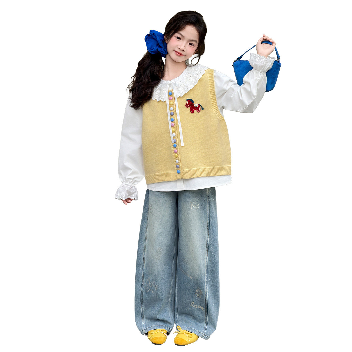 韩系女童超好看马甲衬衫套装春装2026新款儿童春秋款牛仔裤三件套