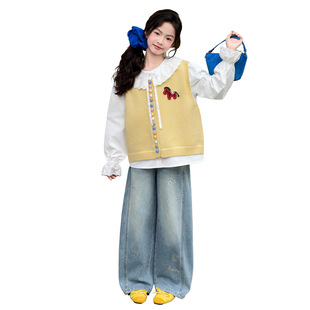 韩系女童超好看马甲衬衫套装春装2026新款儿童春秋款牛仔裤三件套