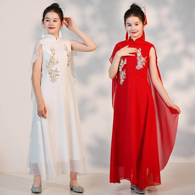 女童汉服儿童古筝演出服中国风飘逸水袖民乐演奏朗诵比赛表演服装