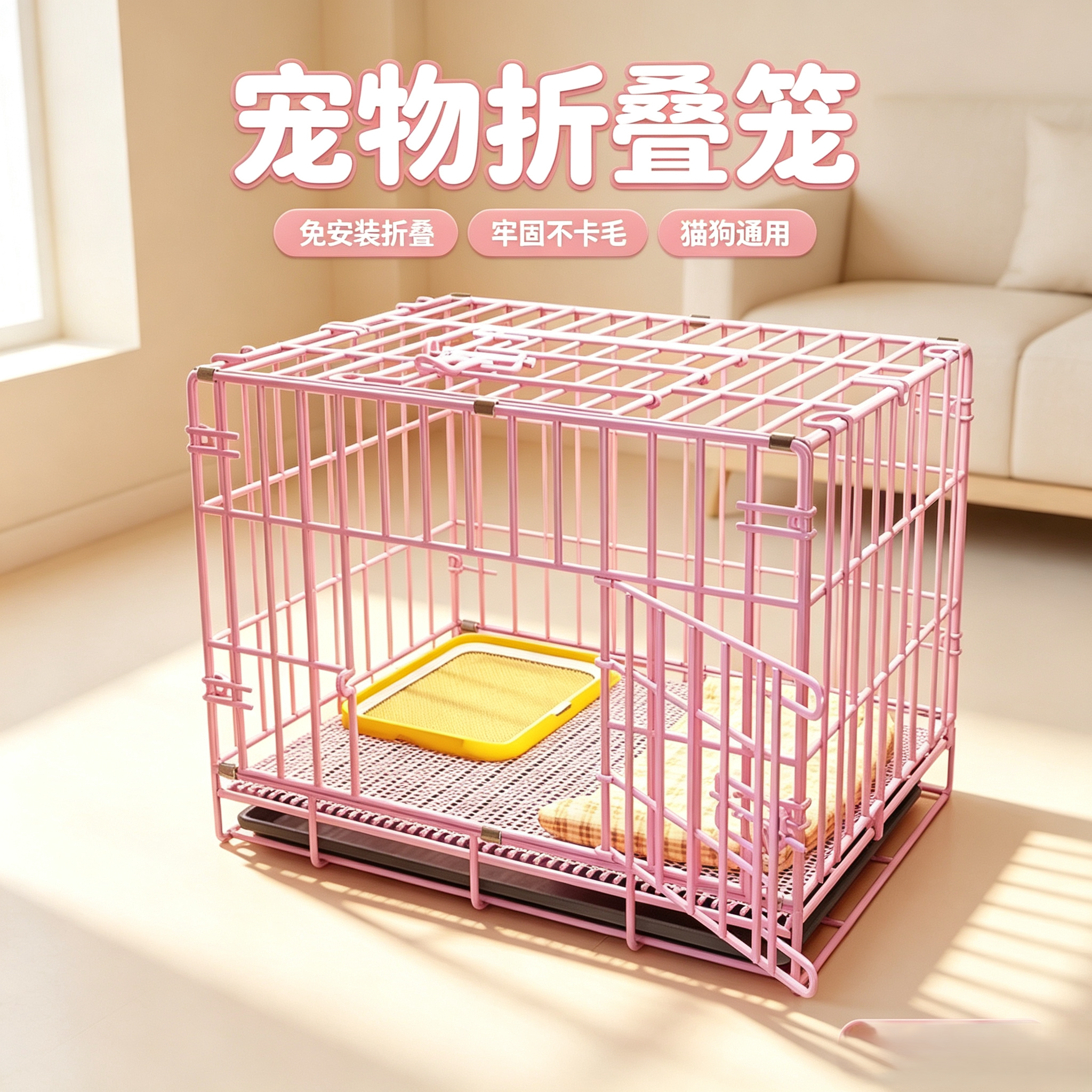 粉色狗笼子带厕所中型犬四季通用室内加粗加固宠物笼开放式