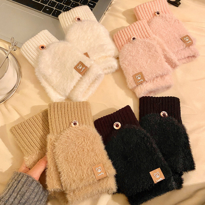 露指可翻盖半指白色毛绒手套女2025年冬季加厚保暖学生骑行可触屏