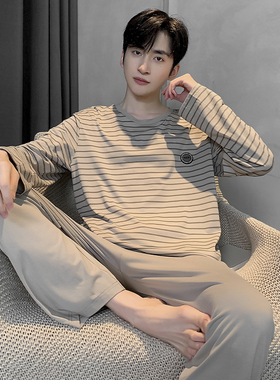 睡衣男春秋季100%纯棉中青少年男士长袖大码可外穿全棉家居服套装