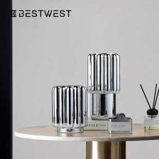 新款直销博西家居 电镀银色直筒玻璃花瓶摆件插花器设计师道具家