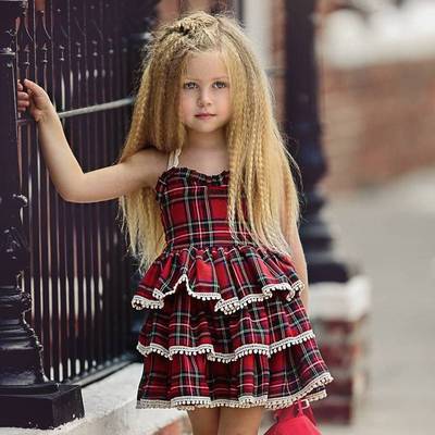 H9children's dress girls lace halter dress baby plaid puffy