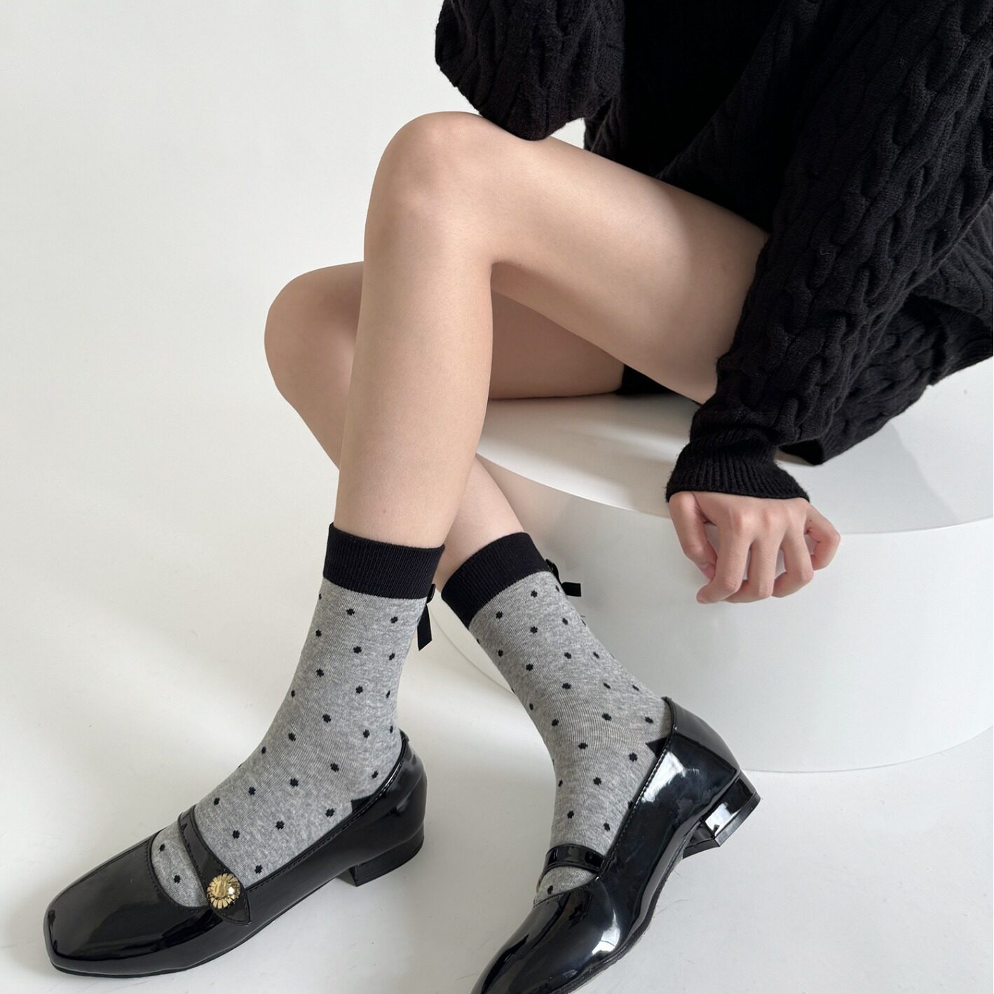 蝴蝶结奶白波点袜子女中筒袜子春秋款棉点点日系可爱拼色少女短袜