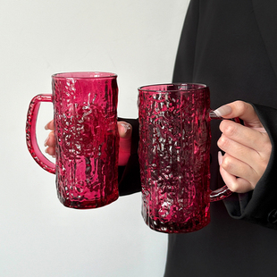 ins风红色带把冰川玻璃杯炙火红家用饮料杯咖啡杯冷饮杯喝水杯子