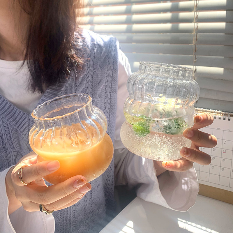 韩国ins风*胖鼓鼓玻璃杯*大容量水果茶杯冷饮杯子气泡水杯果汁杯