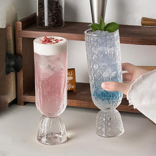 臻皿ins轻奢浮雕商用高脚玻璃杯