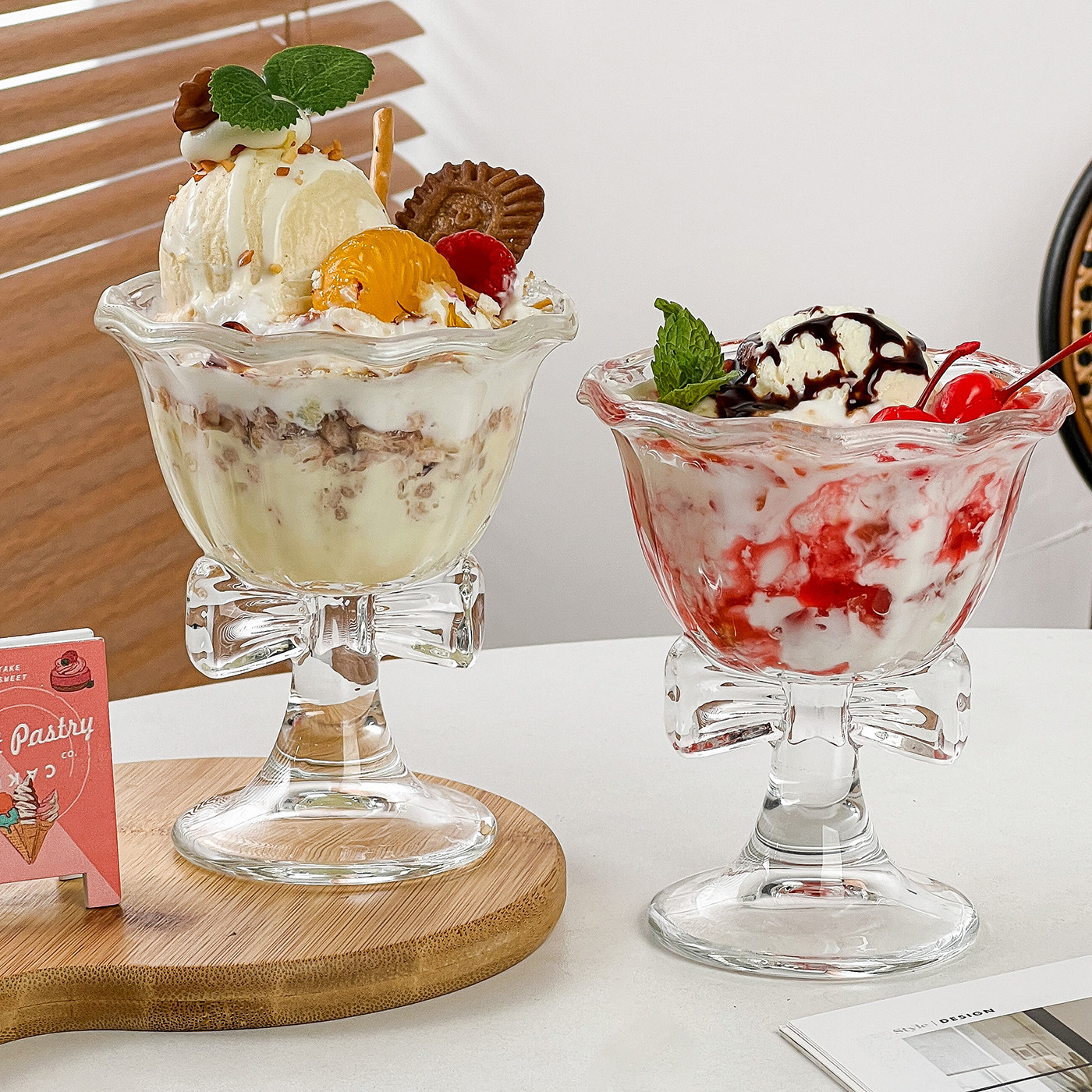 ins高级感蝴蝶结玻璃杯高脚雪糕杯冰淇淋甜品杯创意冰激凌中古杯