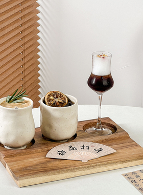 陶瓷咖啡杯闻香杯套装玻璃高脚杯简约白色小圆杯拿铁杯带木托盘