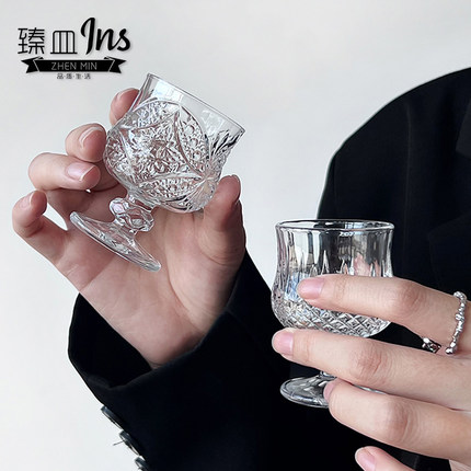 创意复古刻花玻璃杯迷你果酒杯精致高脚高颜值甜酒杯小酒杯一口杯