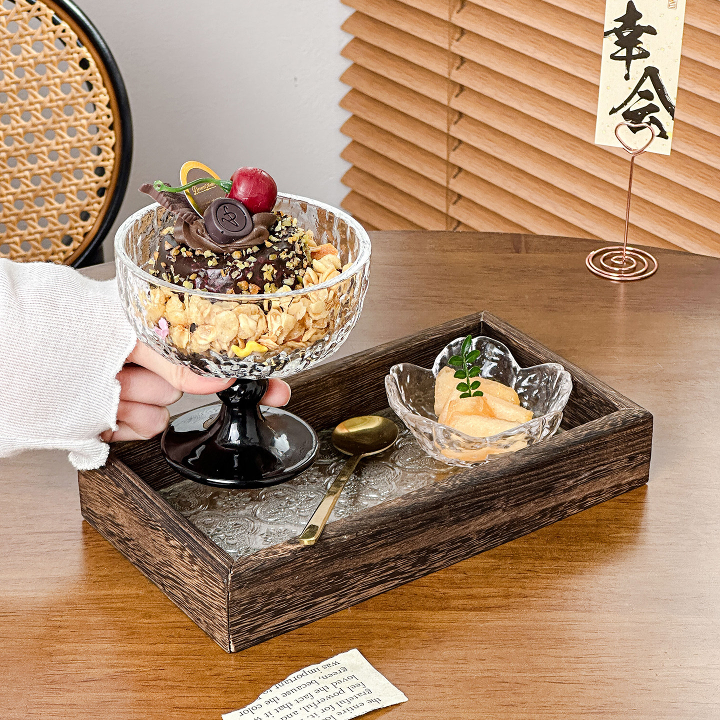 臻皿复古浮雕高脚甜品玻璃杯套装