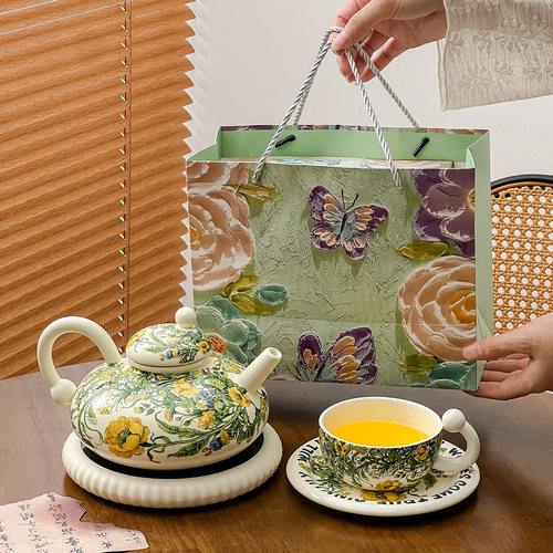 中古油画风月季花水壶杯套装陶瓷