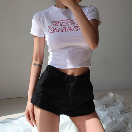 字母短袖T恤女装2024夏装韩版潮网红学生短款高腰露脐紧身上衣服