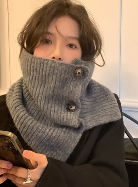 网红款时尚针织套头围脖高领加厚保暖纽扣围巾秋冬纯色护颈假领子