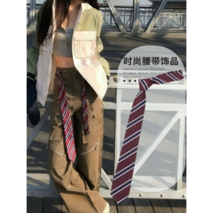 美式复古酒红色条纹腰带男女街头潮酷小众设计长条领带配饰腰饰品