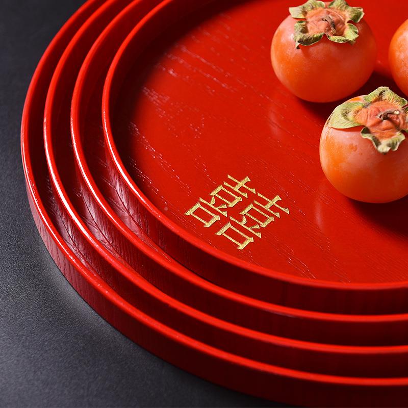 中实式红色GOH木托盘长方圆形具盘红盘子酒店婚餐结婚喜庆盘摆礼