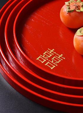 中实式红色GOH木托盘长方圆形具盘红盘子酒店婚餐结婚喜庆盘摆礼