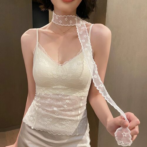 10A抗菌蕾丝提花裸感吊带背心女