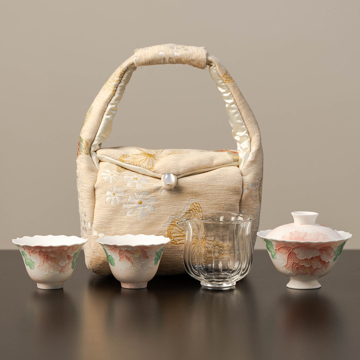 釉下彩浅粉牡丹一盖碗 两杯茶事包户外旅行茶具整套收纳包茶具,餐饮具,旅行茶具,淘宝优惠券,粉丝福利购,淘宝优惠卷