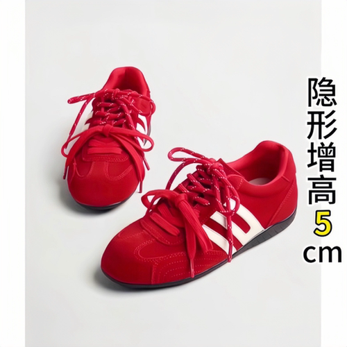 真皮复古红色女内增高德训鞋
