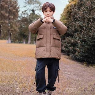 男童学生中长款宽松羽绒服加厚白黑蓝色外套大童连帽棉袄衣棉服冬