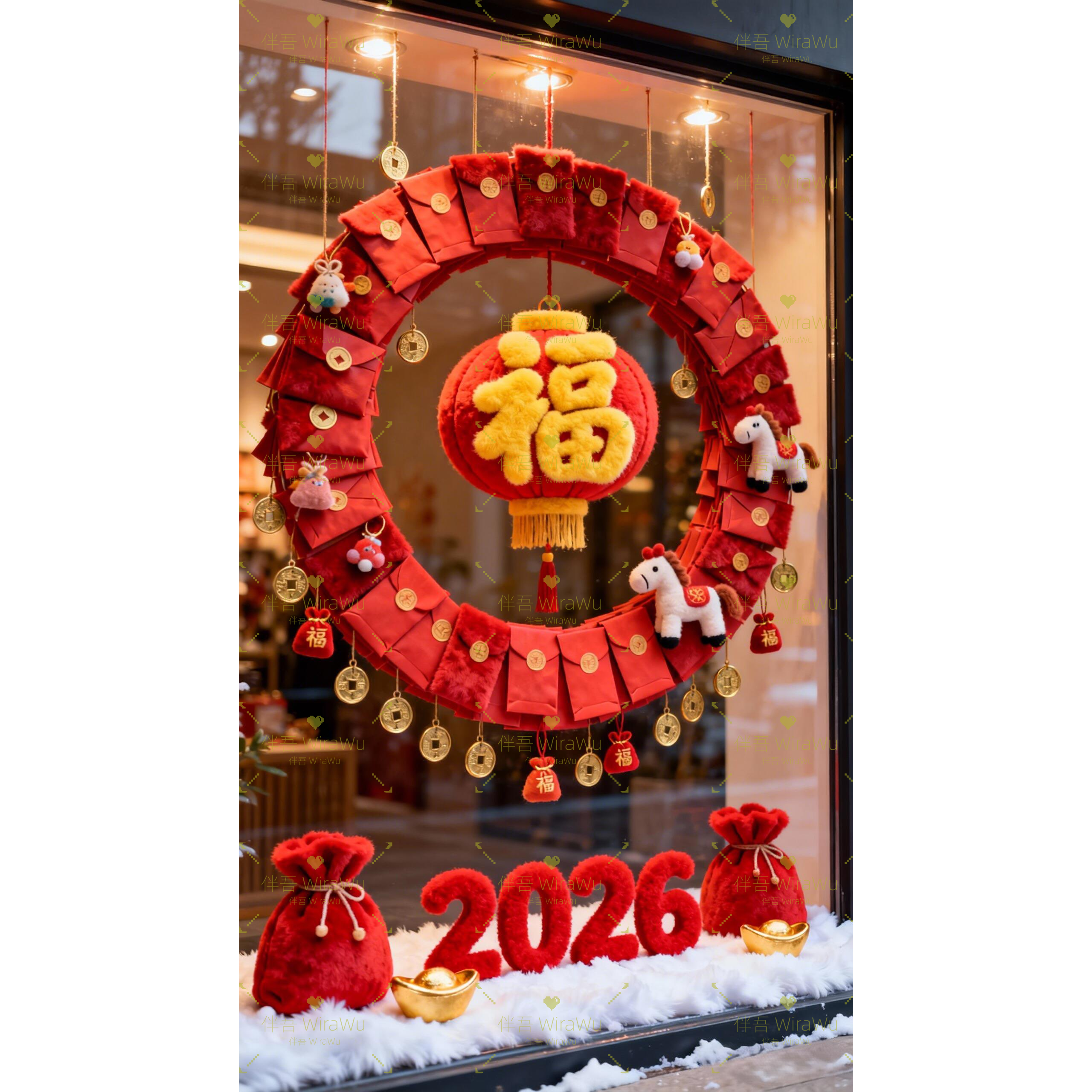 春节福字红灯笼毛绒橱窗挂饰