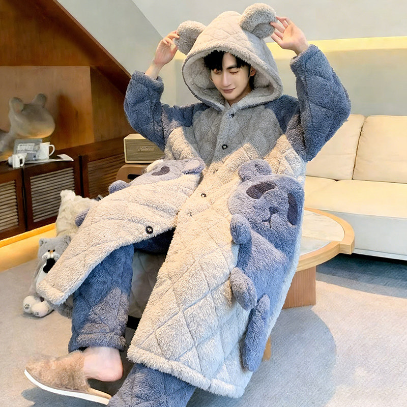 珊瑚绒睡袍男士三层夹棉加厚加绒秋冬季男款睡衣可外穿大码家居服