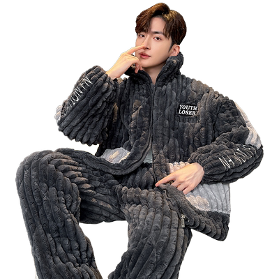 新款三层夹棉睡衣套装男士