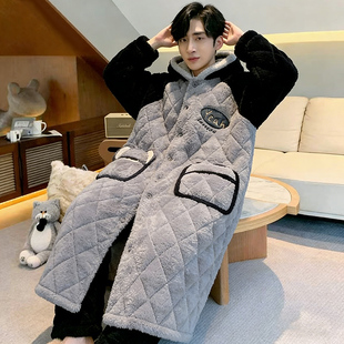 男士睡衣秋冬季珊瑚绒加厚加绒冬天长款睡袍三层夹棉家居服套装生