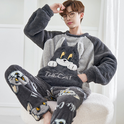 新款珊瑚绒睡衣套装男士
